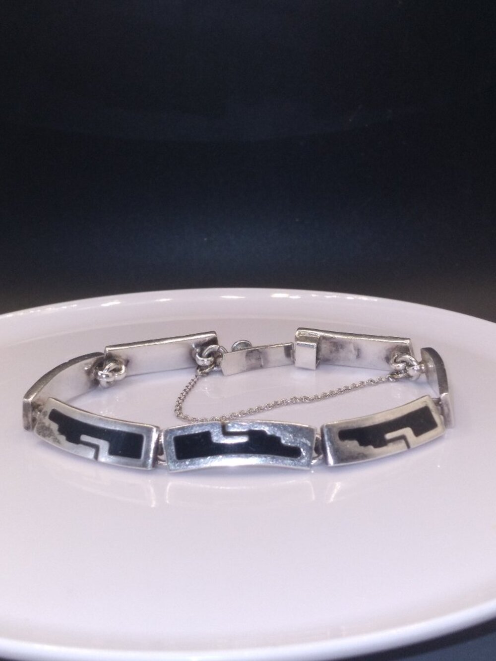 Vintage Sterling Silver Black enamel Native Bracelet box clasp and safety chain